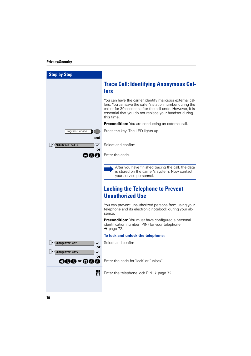 Trace call: identifying anonymous callers, Locking the telephone to prevent unauthorized use, Trace call: identifying anonymous cal- lers | Siemens HIPATH 1200 User Manual | Page 70 / 104