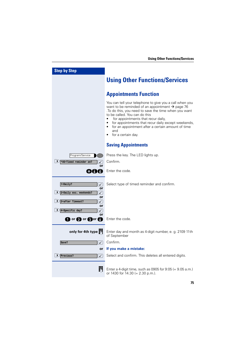 Using other functions/services, Appointments function, Saving appointments | Siemens HIPATH 1200 User Manual | Page 75 / 104