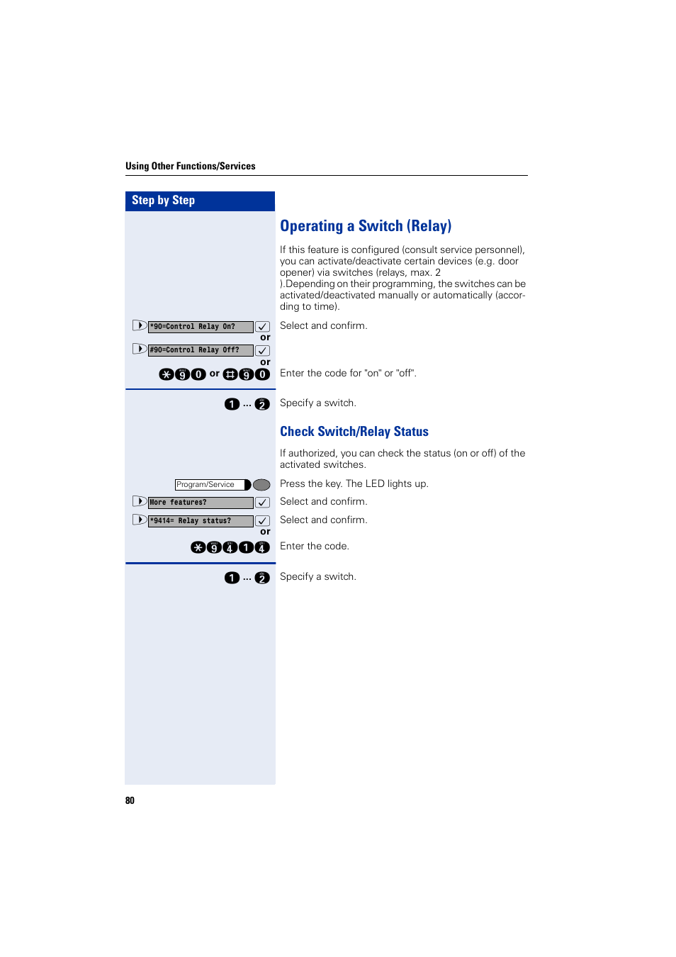 Operating a switch (relay), Check switch/relay status | Siemens HIPATH 1200 User Manual | Page 80 / 104