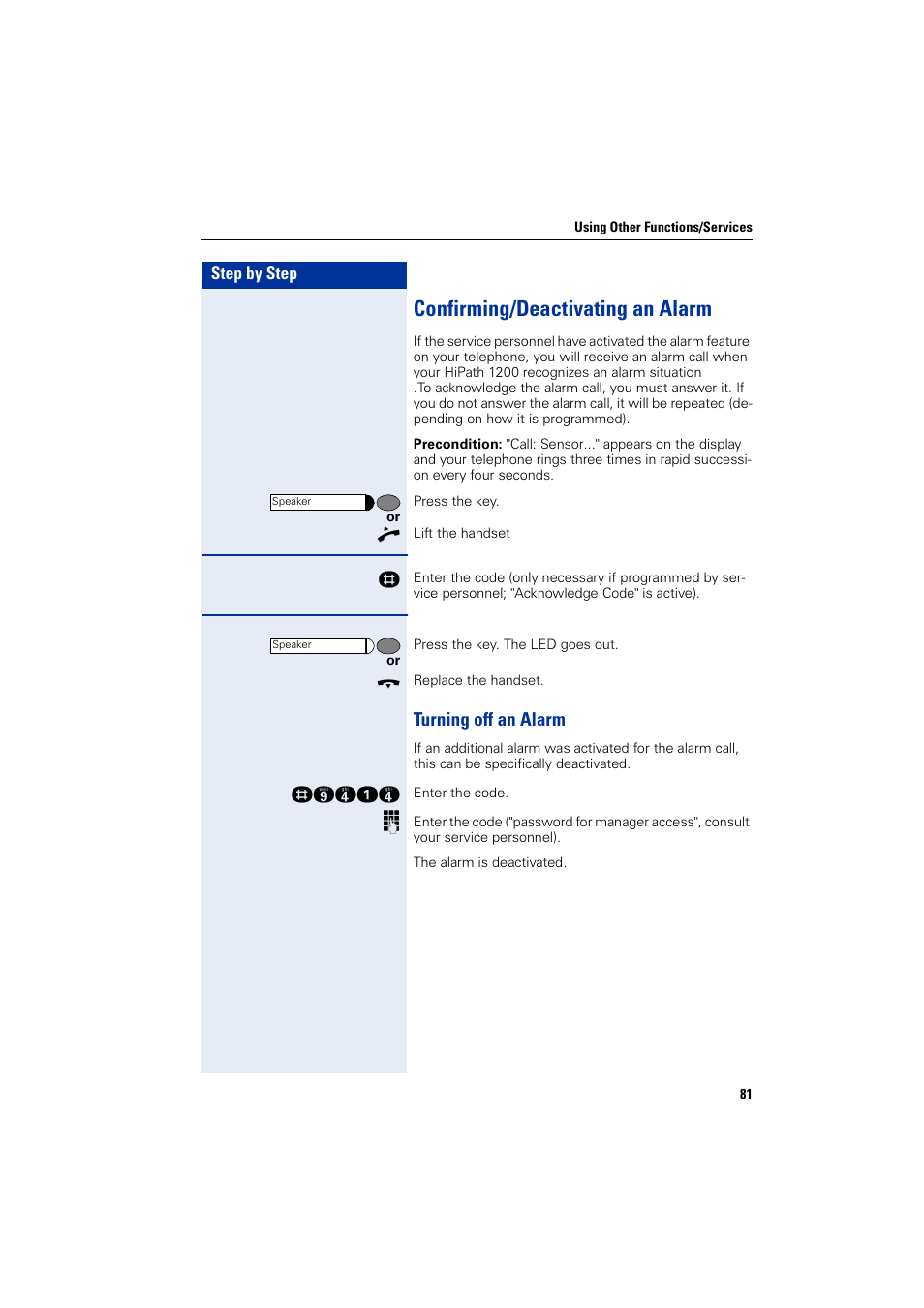 Confirming/deactivating an alarm, Turning off an alarm | Siemens HIPATH 1200 User Manual | Page 81 / 104