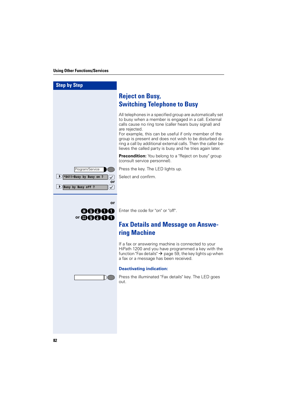 Reject on busy, switching telephone to busy, Fax details and message on answering machine, Reject on busy, switching telephone to busy | Fax details and message on answe- ring machine | Siemens HIPATH 1200 User Manual | Page 82 / 104