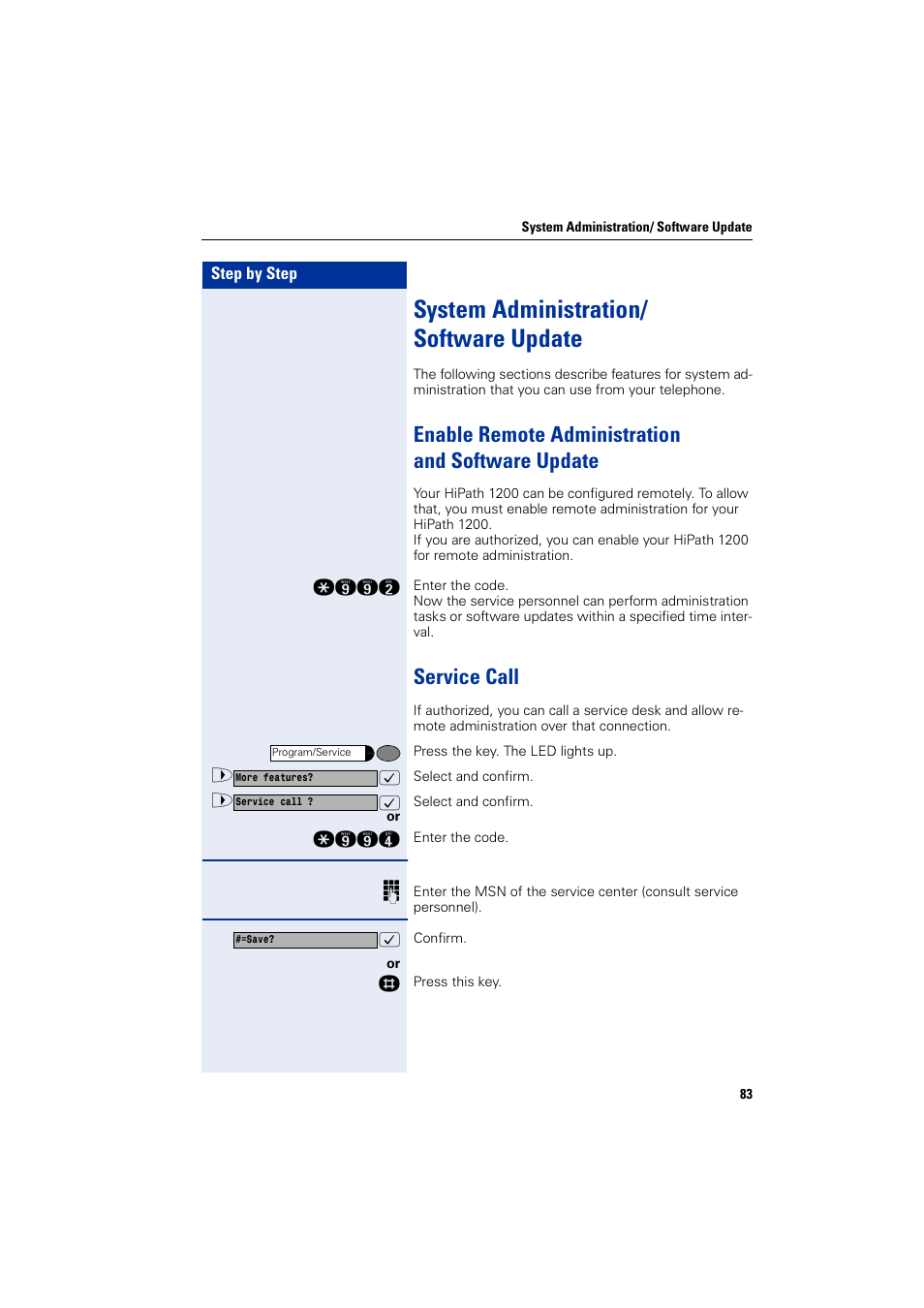 System administration/ software update, Enable remote administration andsoftware update, Service call | Enable remote administration and software update | Siemens HIPATH 1200 User Manual | Page 83 / 104
