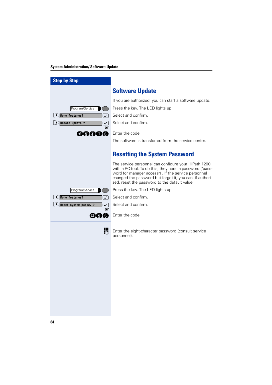 Software update, Resetting the system password, Software update resetting the system password | Siemens HIPATH 1200 User Manual | Page 84 / 104