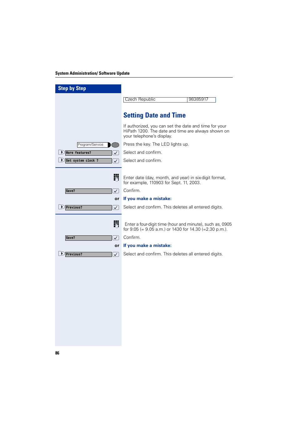 Setting date and time | Siemens HIPATH 1200 User Manual | Page 86 / 104