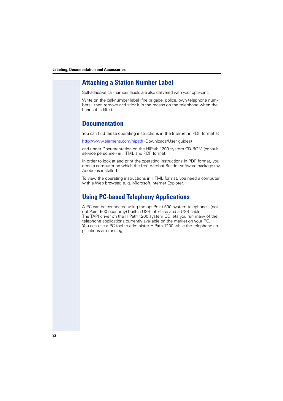 Attaching a station number label, Documentation, Using pc-based telephony applications | Siemens HIPATH 1200 User Manual | Page 92 / 104