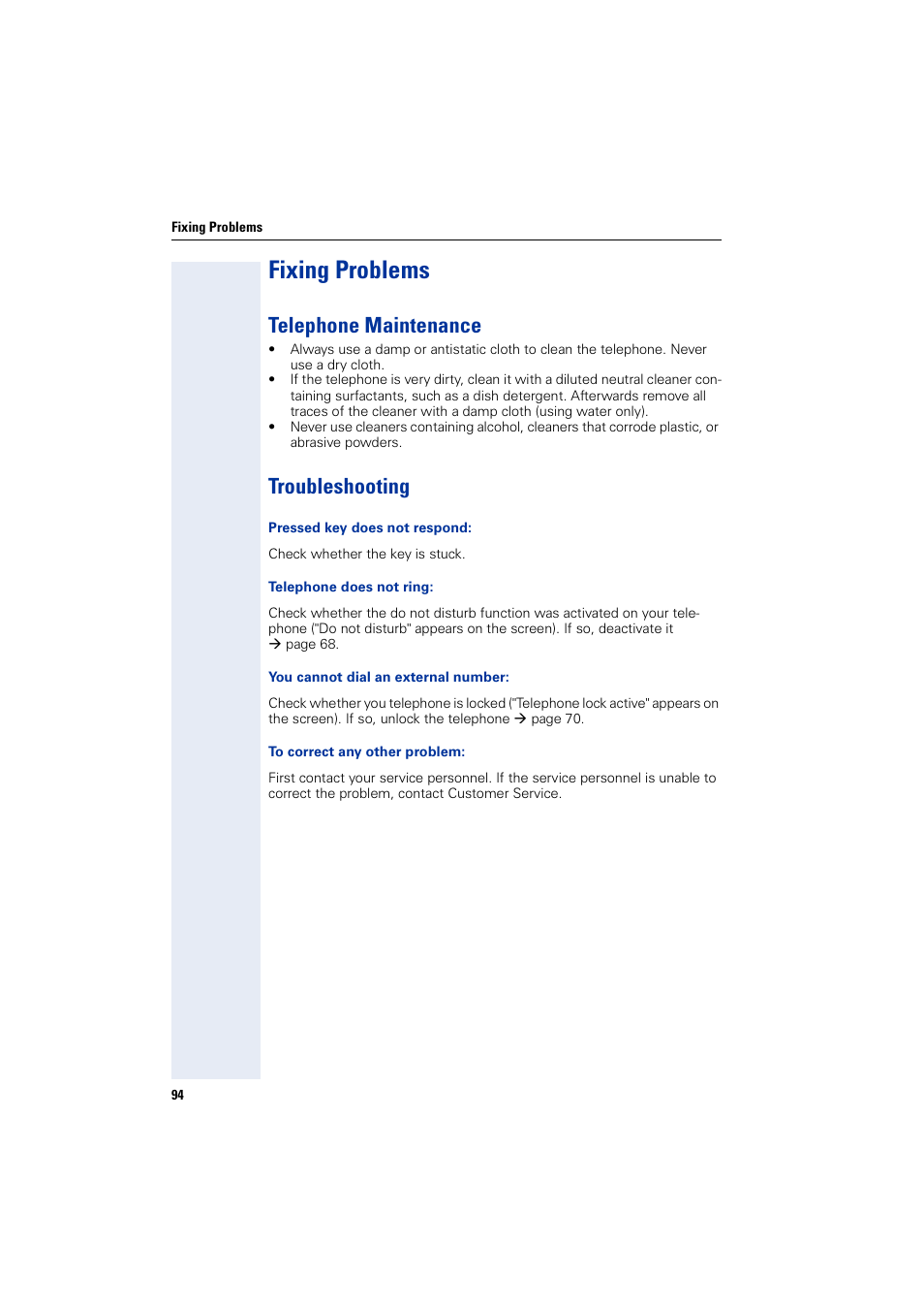 Fixing problems, Telephone maintenance, Troubleshooting | Telephone maintenance troubleshooting | Siemens HIPATH 1200 User Manual | Page 94 / 104