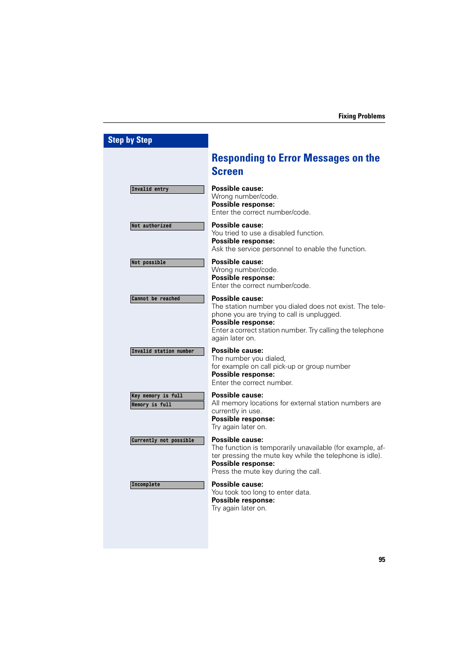 Responding to error messages on the screen, Step by step | Siemens HIPATH 1200 User Manual | Page 95 / 104