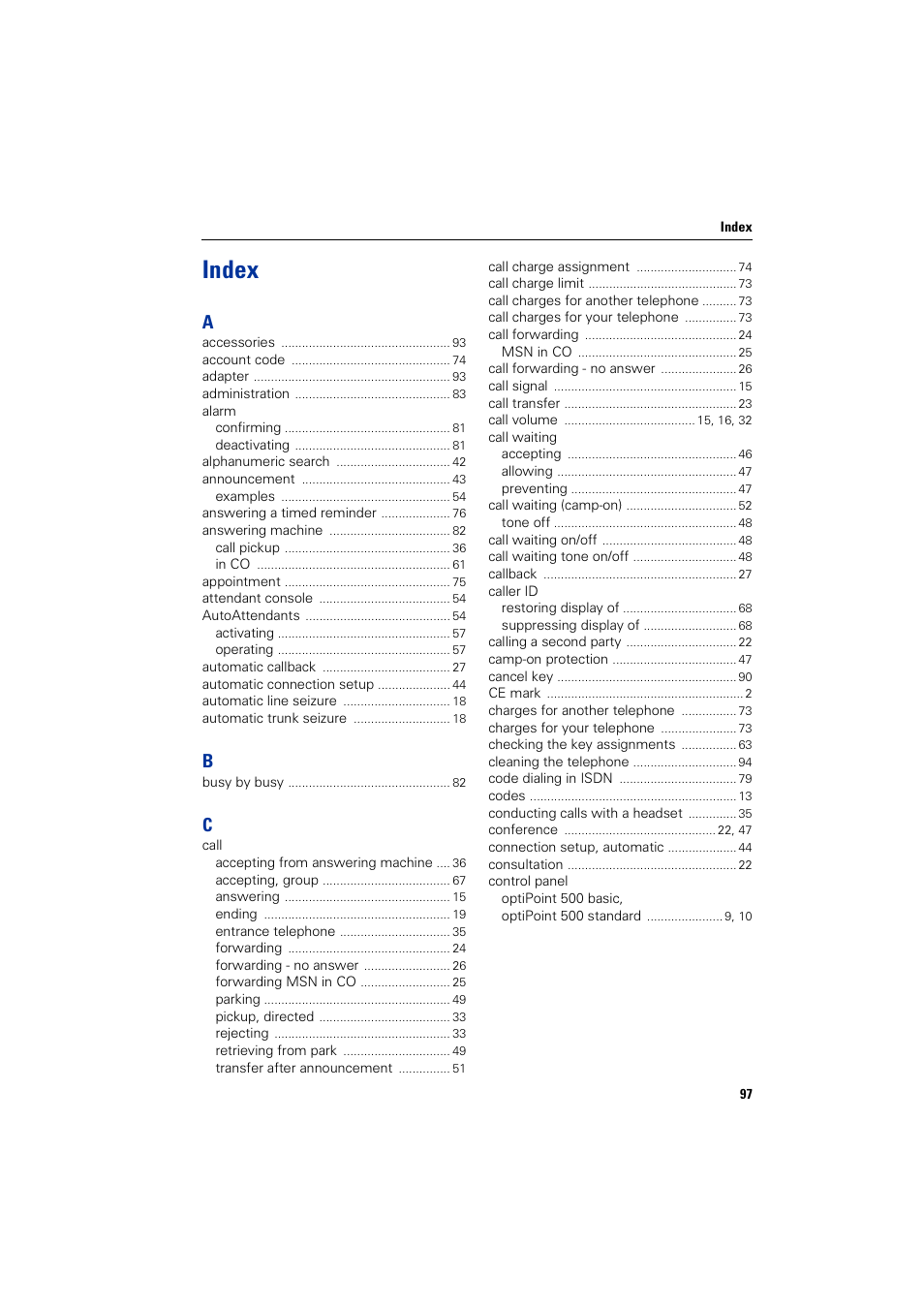 Index | Siemens HIPATH 1200 User Manual | Page 97 / 104