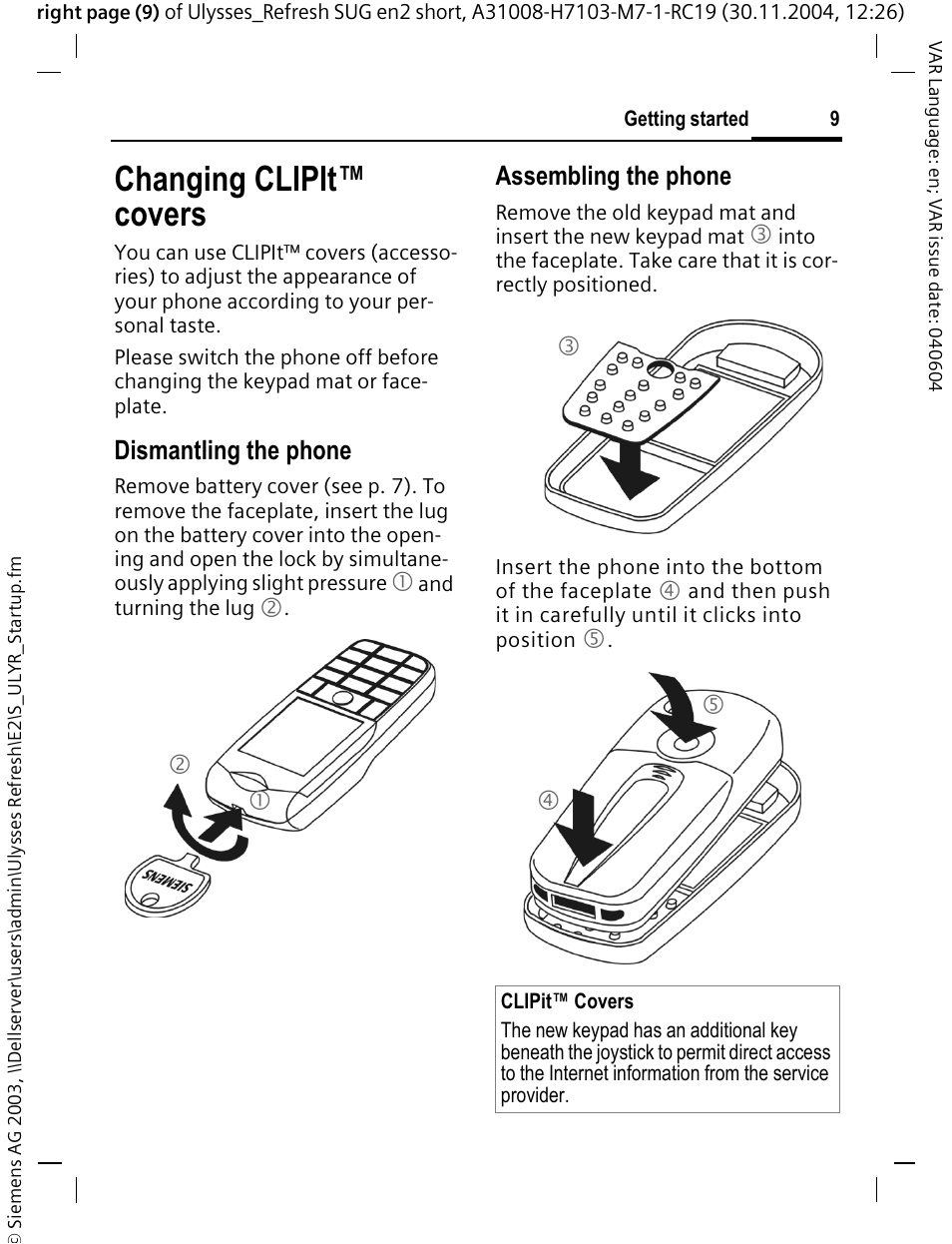 Changing clipit™ covers, Dismantling the phone, Assembling the phone | Siemens CX70 User Manual | Page 10 / 74