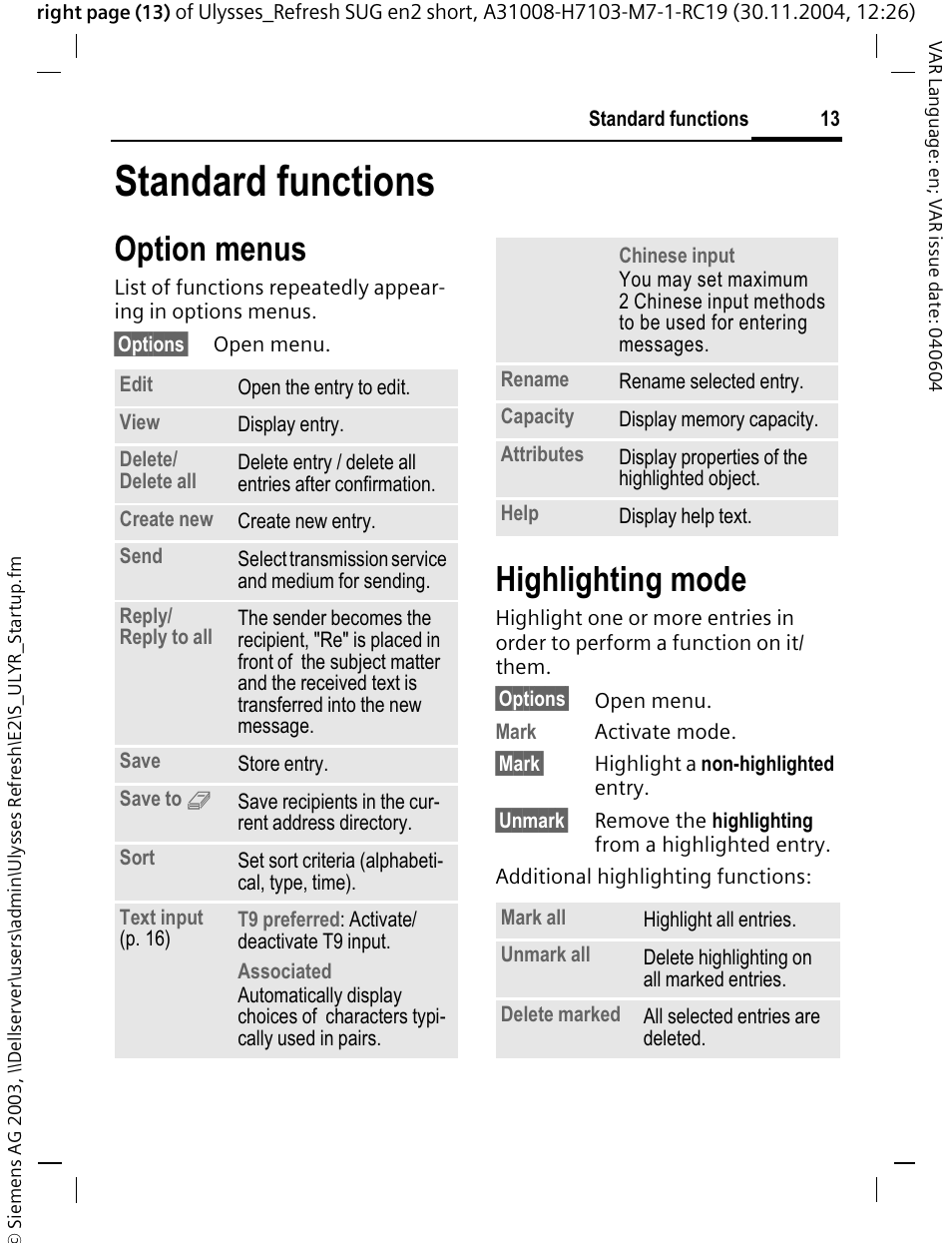 Standard functions, Option menus, Highlighting mode | Siemens CX70 User Manual | Page 14 / 74