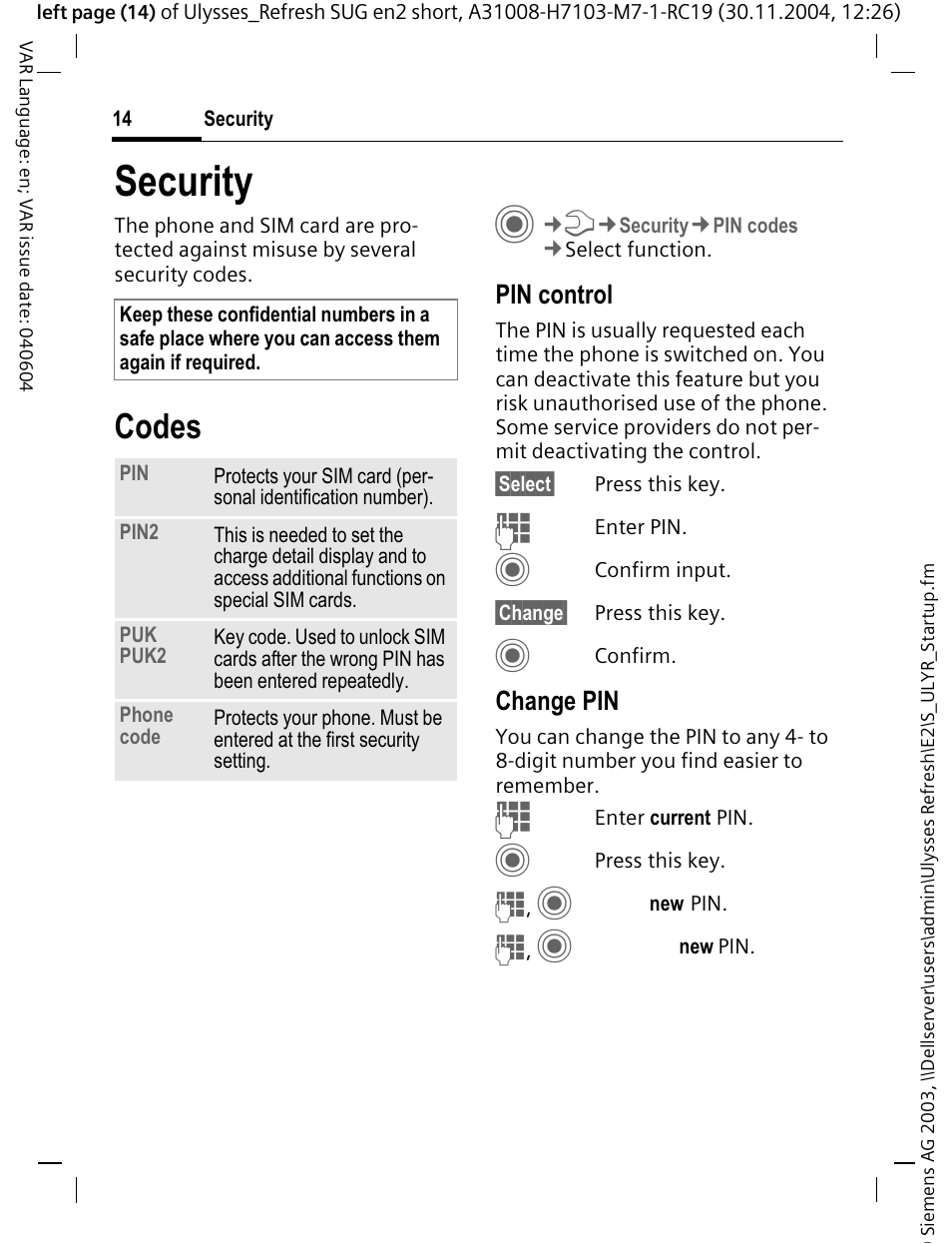 Security, Codes | Siemens CX70 User Manual | Page 15 / 74