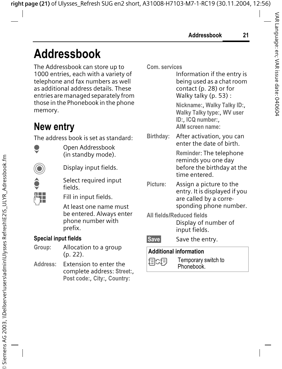 Addressbook, New entry | Siemens CX70 User Manual | Page 22 / 74