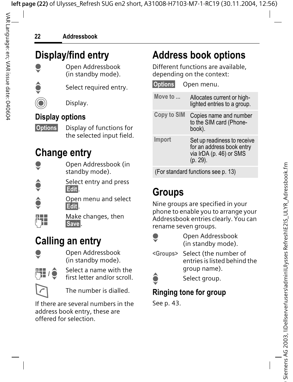 Display/find entry, Change entry, Calling an entry | Address book options, Groups | Siemens CX70 User Manual | Page 23 / 74