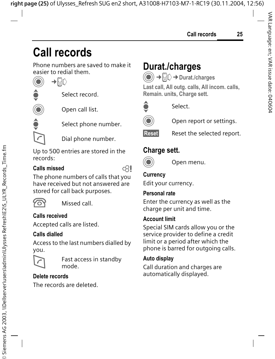 Call records, Durat./charges | Siemens CX70 User Manual | Page 26 / 74