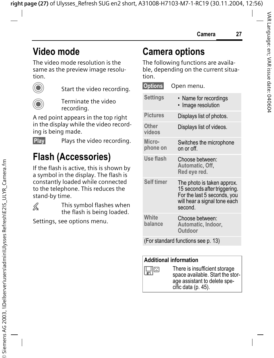 Video mode, Flash (accessories), Camera options | Siemens CX70 User Manual | Page 28 / 74
