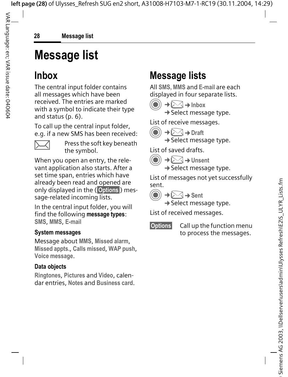 Message list, Inbox, Message lists | Siemens CX70 User Manual | Page 29 / 74