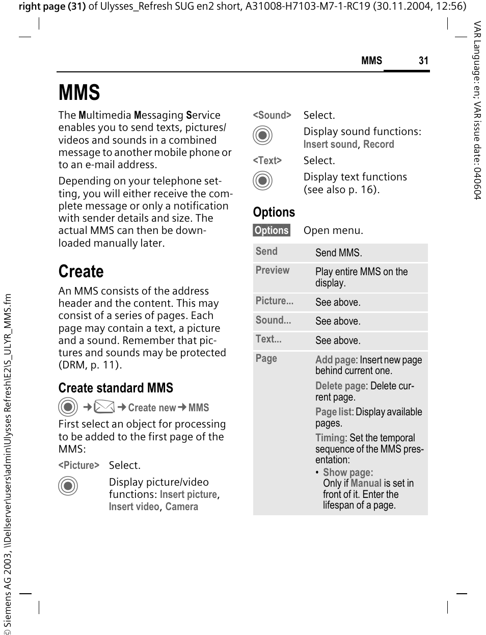 Create, Create standard mms, Options | Siemens CX70 User Manual | Page 32 / 74