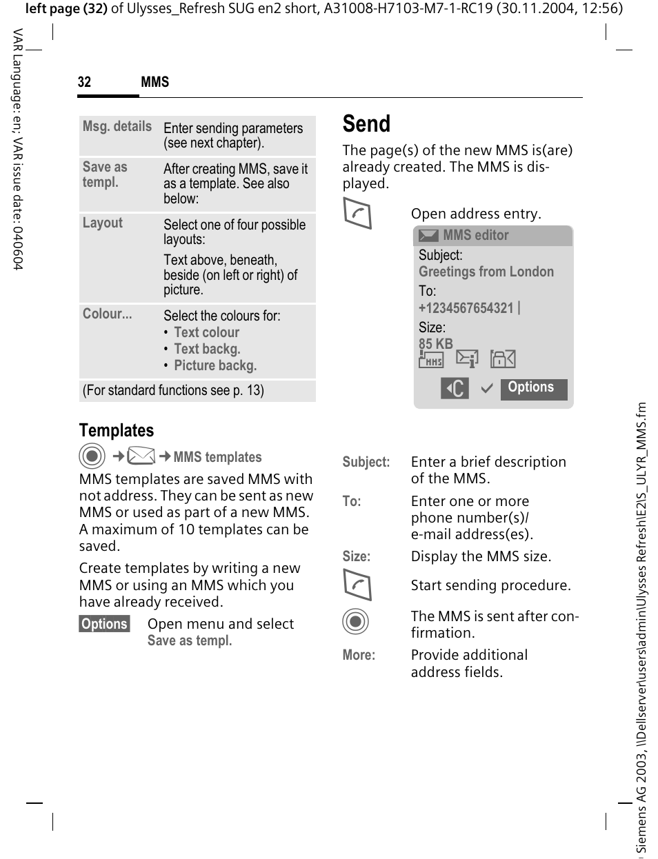 Send, Ю я б, Templates | Siemens CX70 User Manual | Page 33 / 74