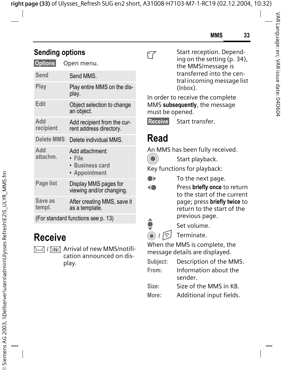 Receive, Read, Sending options | Siemens CX70 User Manual | Page 34 / 74