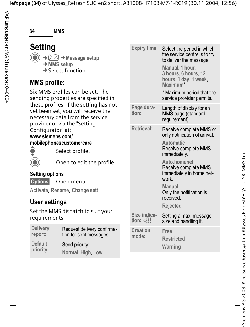 Setting, Mms profile, User settings | Siemens CX70 User Manual | Page 35 / 74