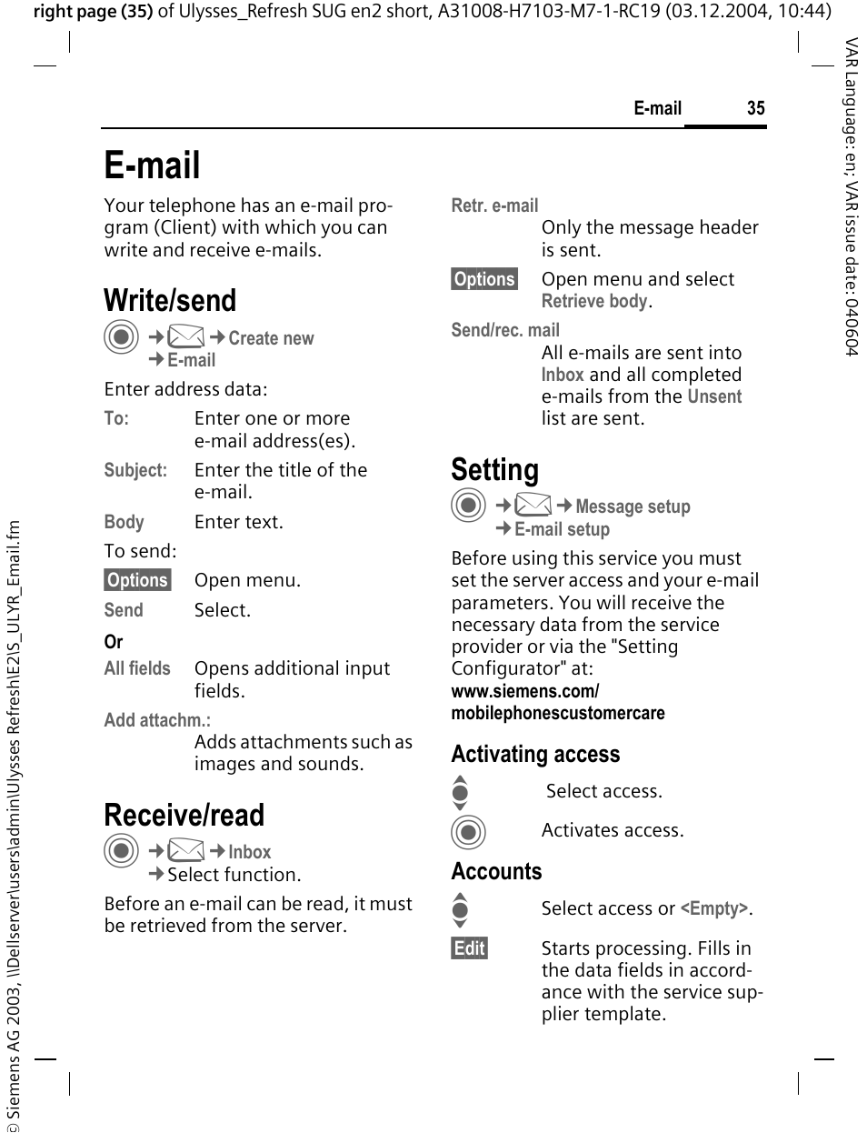 E-mail, Write/send, Receive/read | Setting | Siemens CX70 User Manual | Page 36 / 74