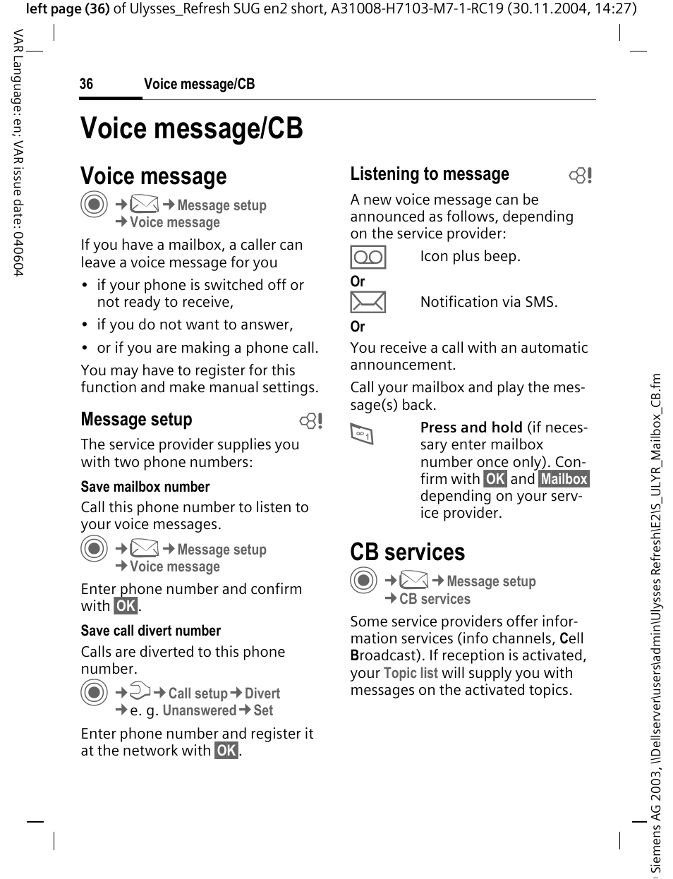 Voice message/cb, Voice message, Cb services | Siemens CX70 User Manual | Page 37 / 74