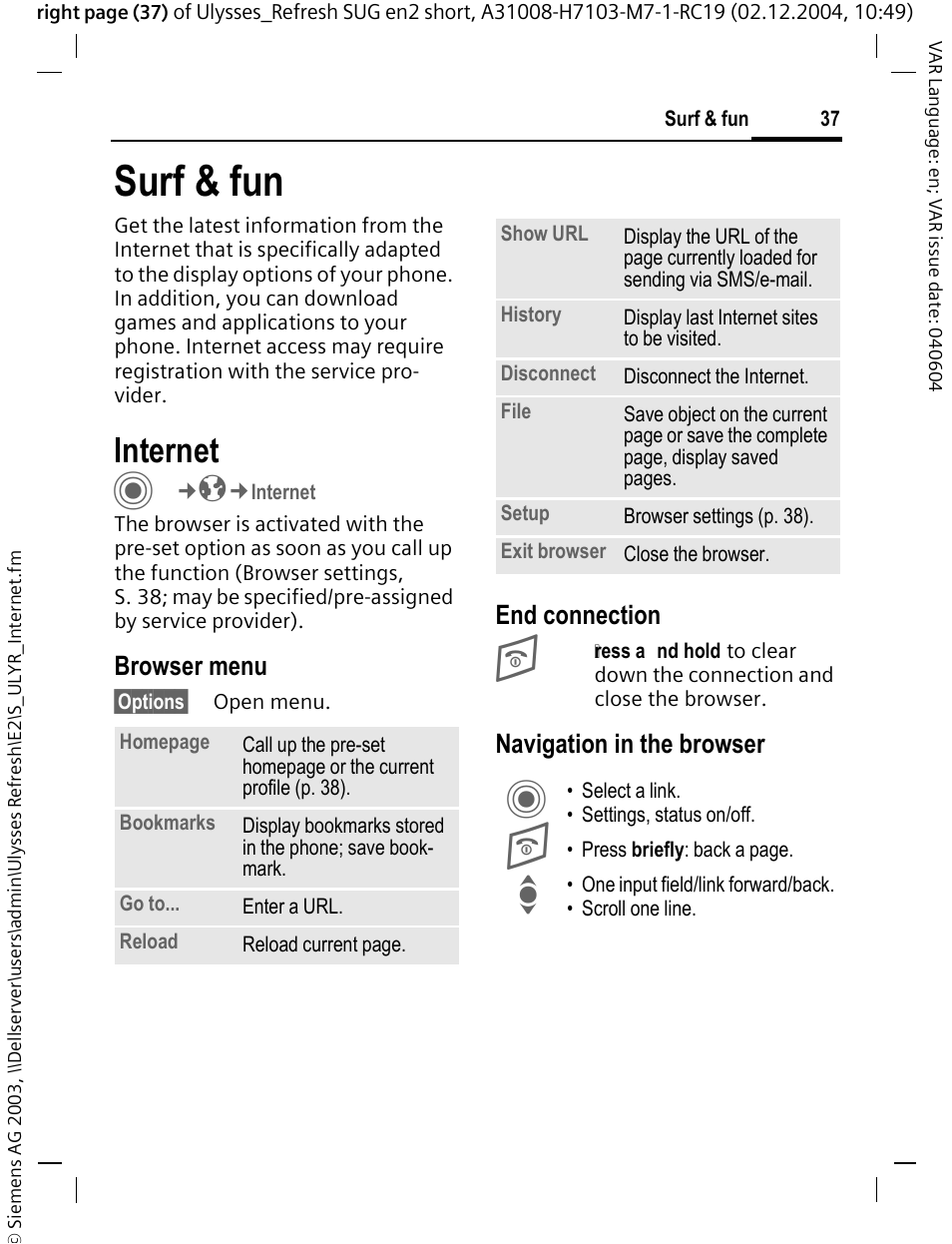 Surf & fun, Internet, Browser menu | End connection, Navigation in the browser | Siemens CX70 User Manual | Page 38 / 74