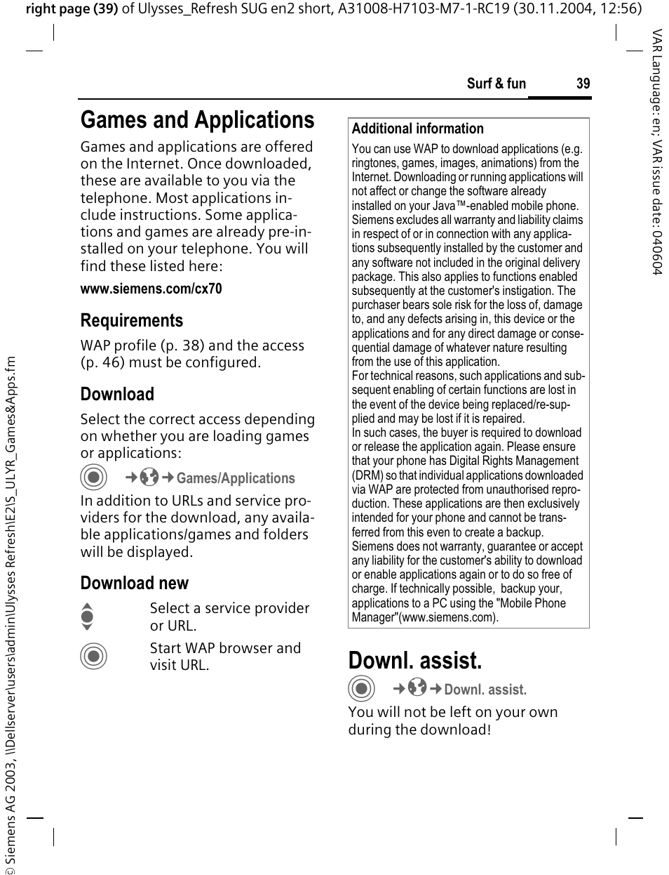 Games and applications, Downl. assist | Siemens CX70 User Manual | Page 40 / 74