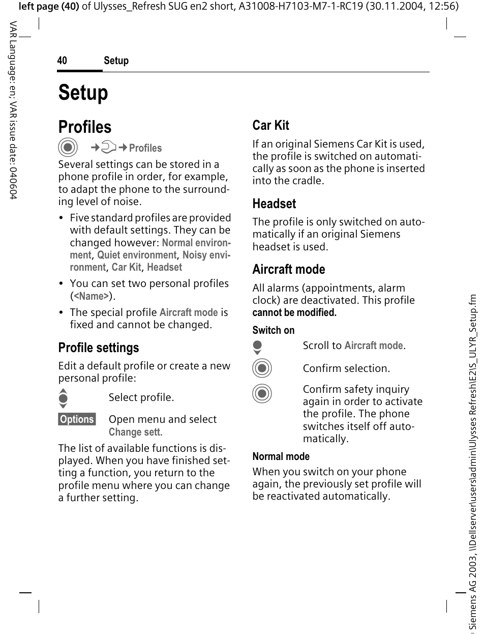 Setup, Profiles | Siemens CX70 User Manual | Page 41 / 74