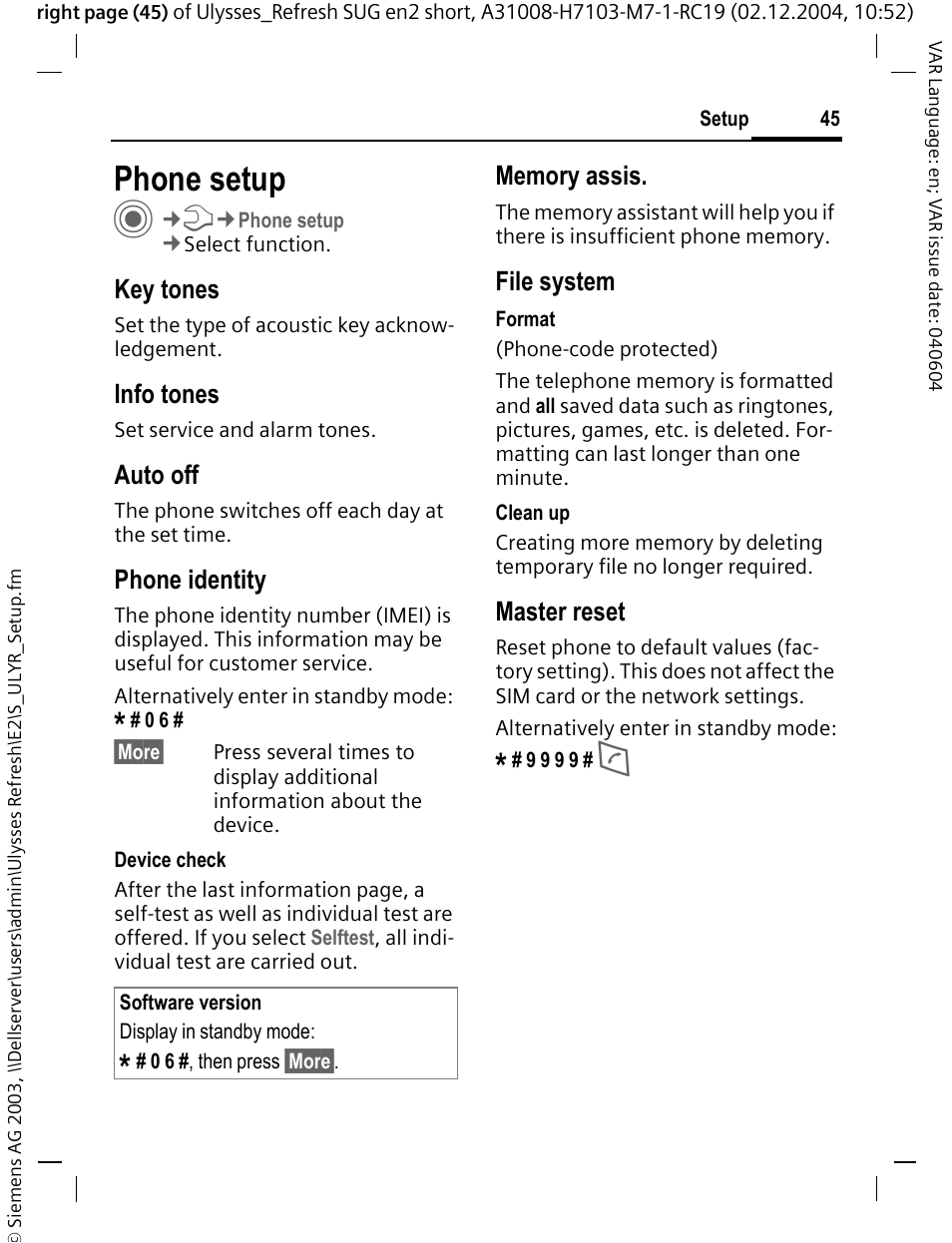 Phone setup, Key tones, Info tones | Auto off, Phone identity, File system, Master reset | Siemens CX70 User Manual | Page 46 / 74