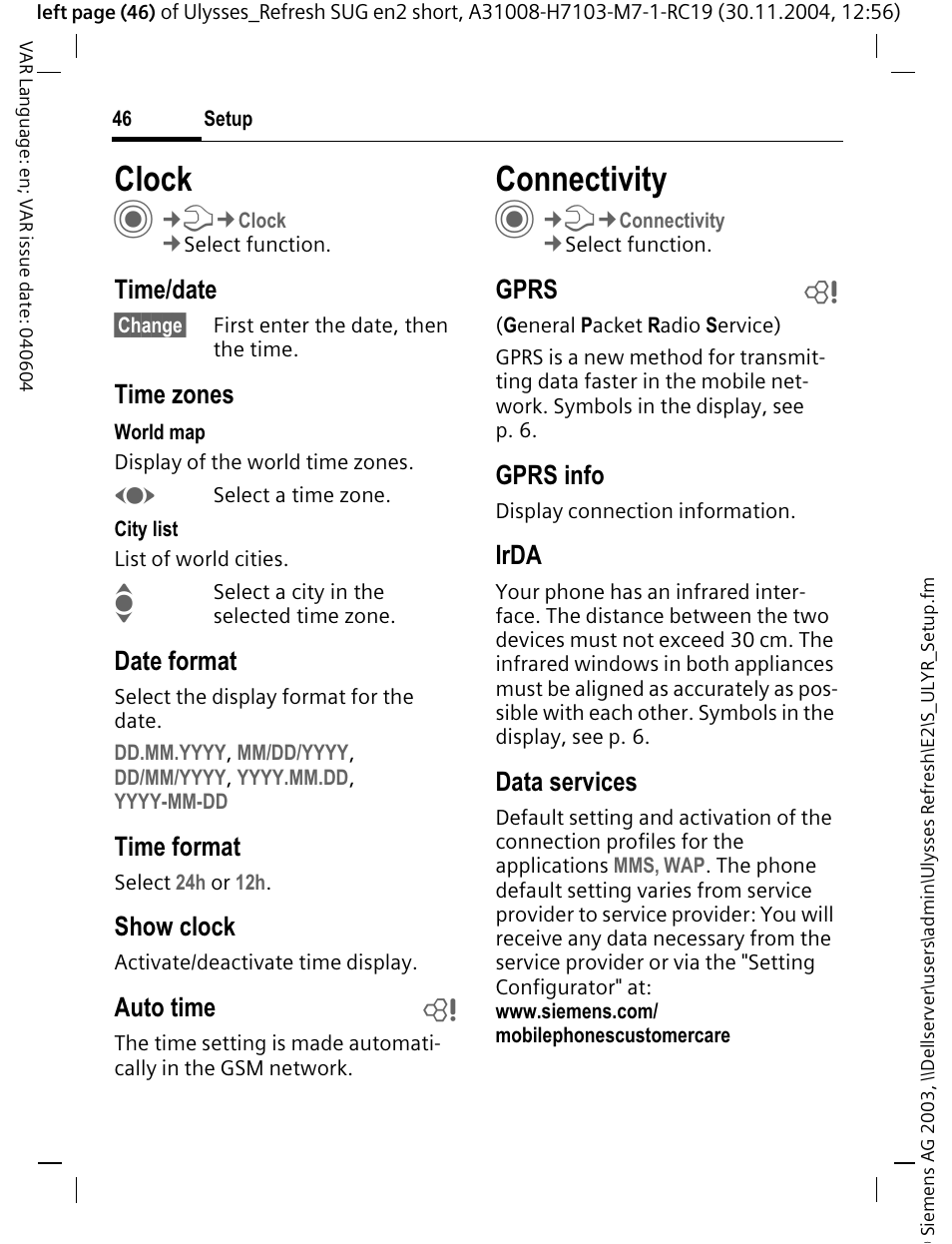 Clock, Connectivity | Siemens CX70 User Manual | Page 47 / 74