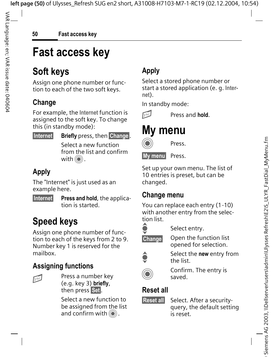 Fast access key, My menu c, Soft keys | Speed keys | Siemens CX70 User Manual | Page 51 / 74