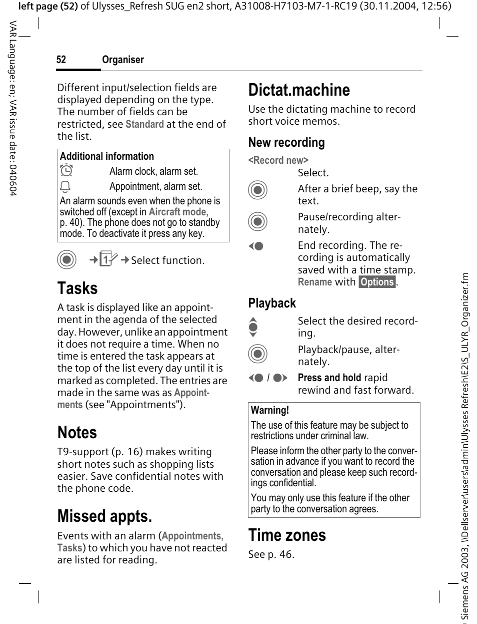 Tasks, Missed appts, Dictat.machine | Time zones | Siemens CX70 User Manual | Page 53 / 74