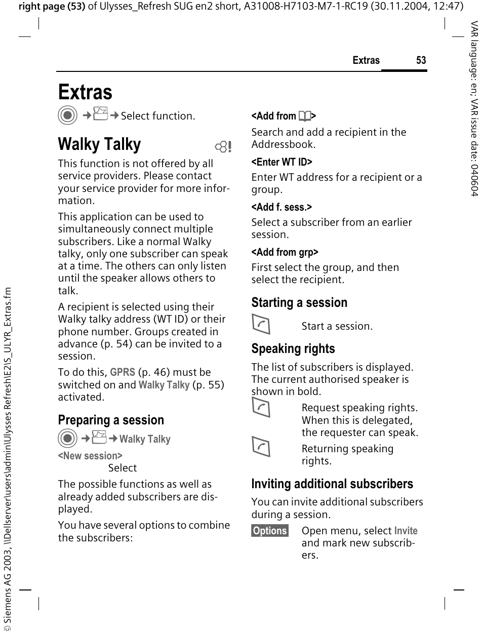 Extras c, Walky talky | Siemens CX70 User Manual | Page 54 / 74