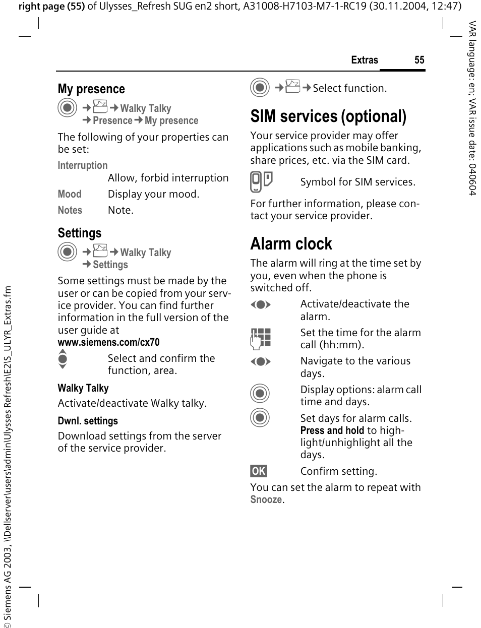 Sim services (optional), Alarm clock | Siemens CX70 User Manual | Page 56 / 74