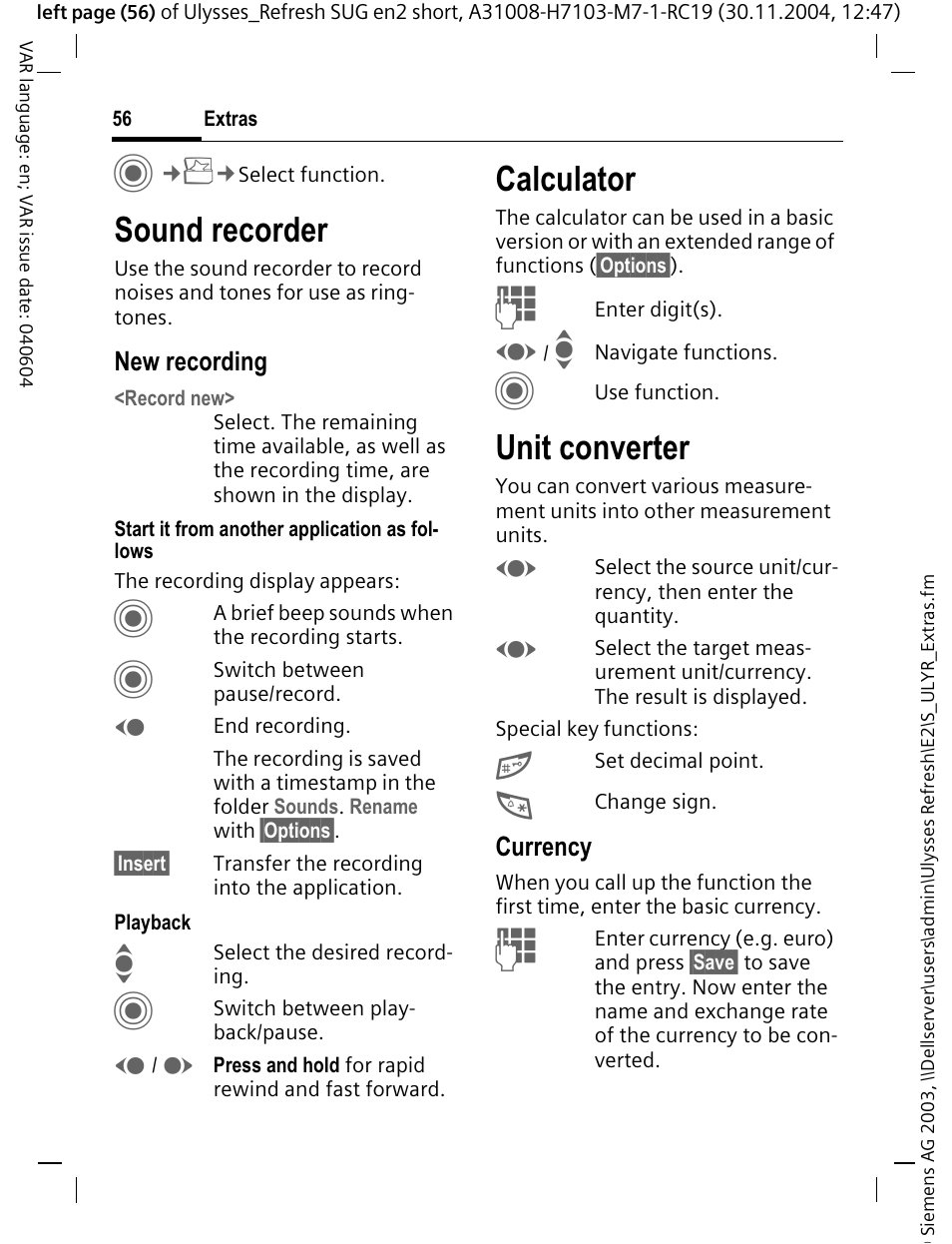 Sound recorder, Calculator, Unit converter | Siemens CX70 User Manual | Page 57 / 74