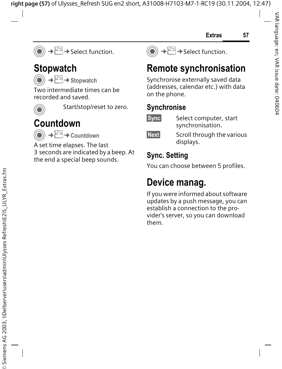 Stopwatch, Countdown, Remote synchronisation | Device manag | Siemens CX70 User Manual | Page 58 / 74