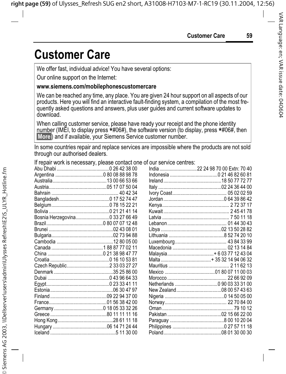 Customer care | Siemens CX70 User Manual | Page 60 / 74