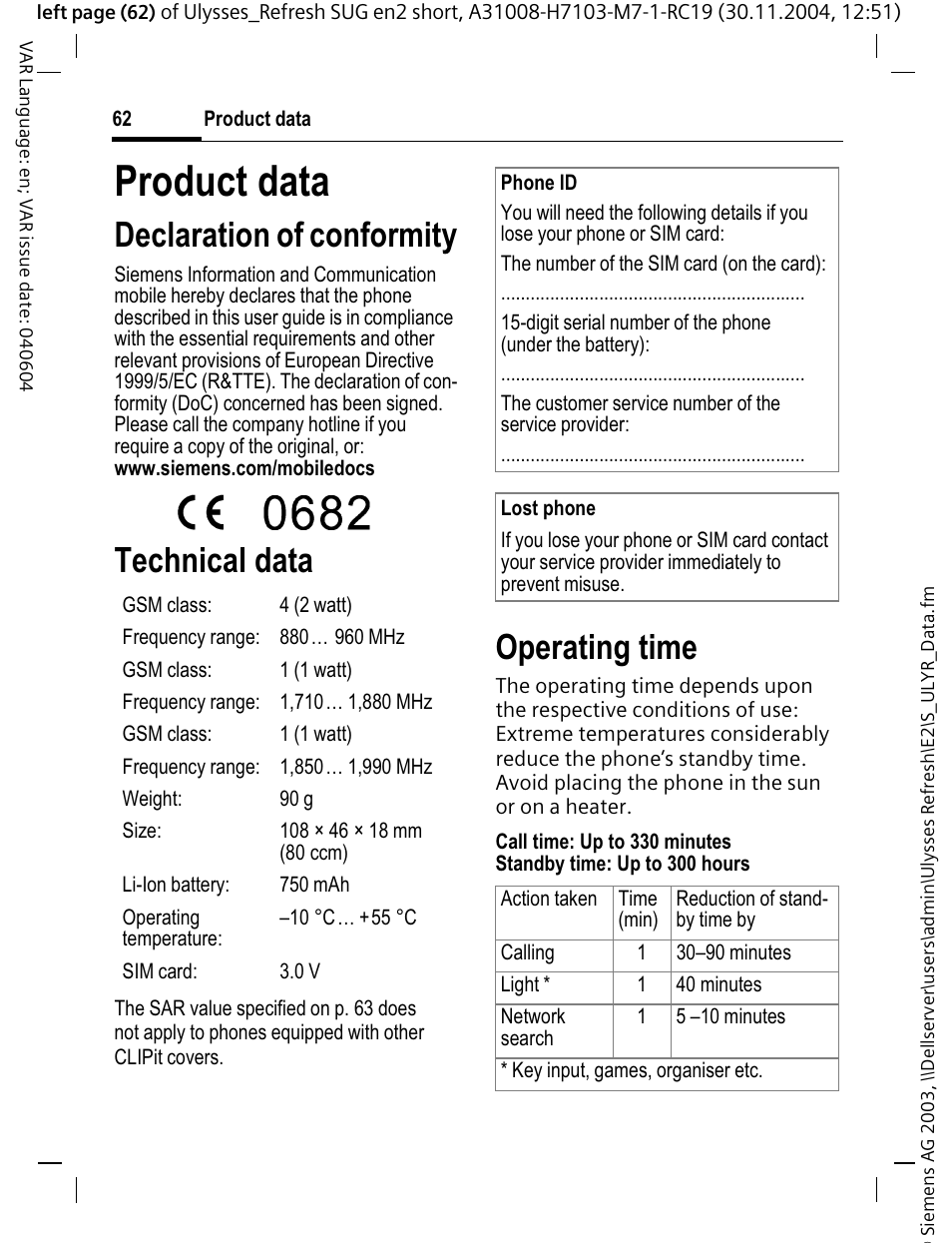 Product data, Declaration of conformity, Technical data | Operating time | Siemens CX70 User Manual | Page 63 / 74