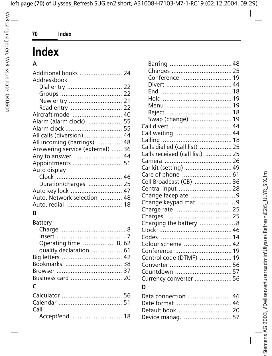 Index | Siemens CX70 User Manual | Page 71 / 74