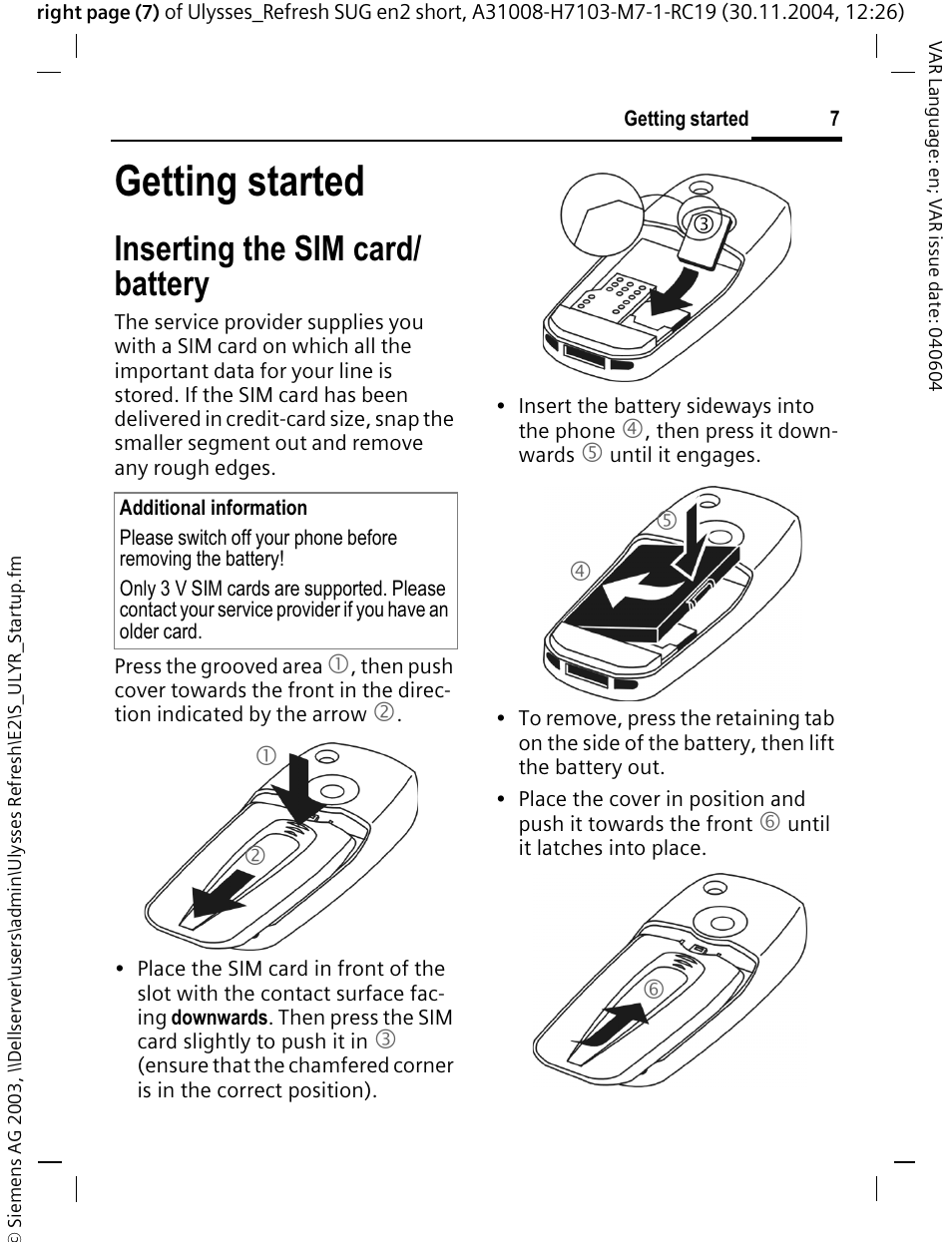 Getting started, Inserting the sim card/ battery | Siemens CX70 User Manual | Page 8 / 74