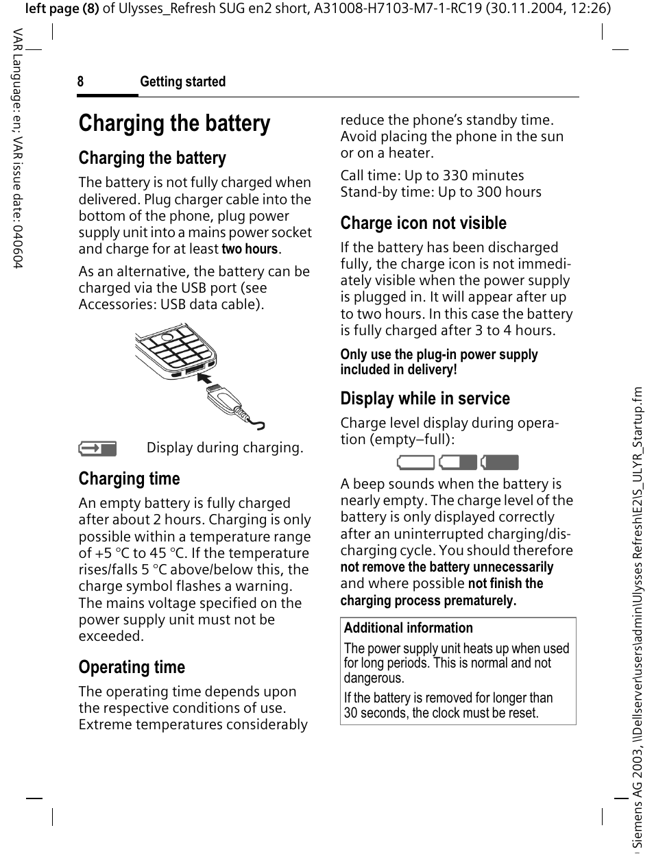 V w x, Charging the battery, Charging time | Operating time, Charge icon not visible, Display while in service | Siemens CX70 User Manual | Page 9 / 74