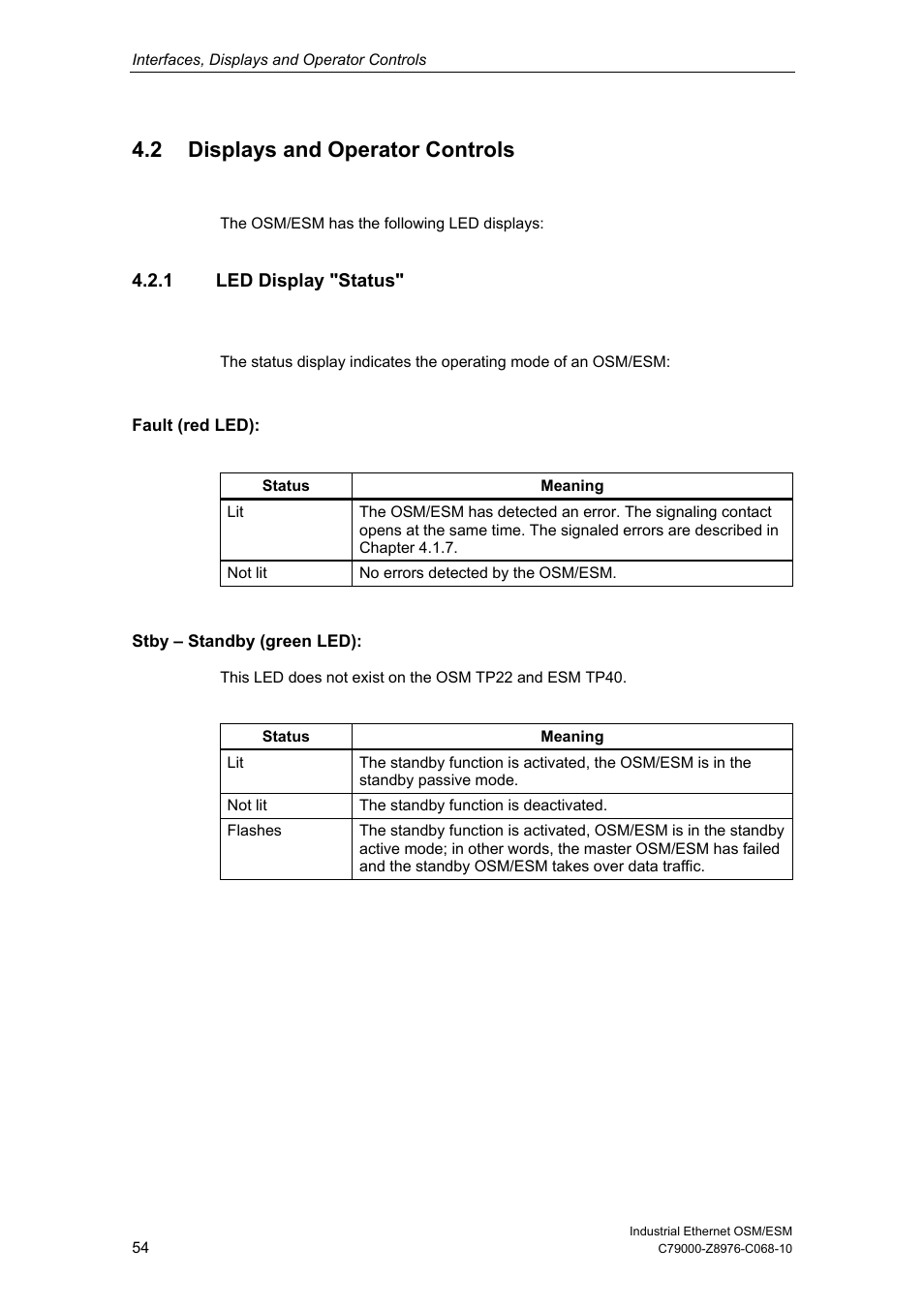 2 displays and operator controls, 1 led display "status | Siemens ESM User Manual | Page 58 / 98