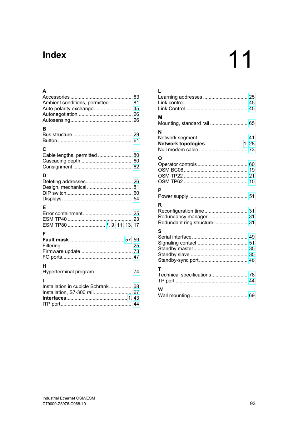 Index | Siemens ESM User Manual | Page 97 / 98