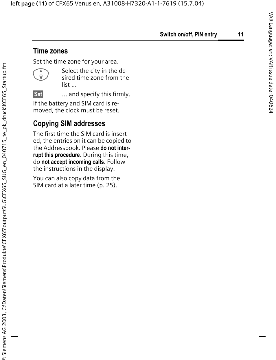 Time zones, Copying sim addresses | Siemens CFX65 User Manual | Page 12 / 77