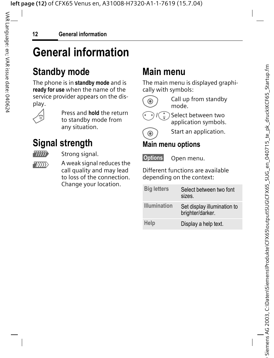 General information, Standby mode, Signal strength | Main menu | Siemens CFX65 User Manual | Page 13 / 77