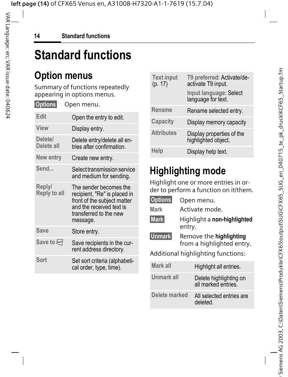 Standard functions, Option menus, Highlighting mode | Siemens CFX65 User Manual | Page 15 / 77