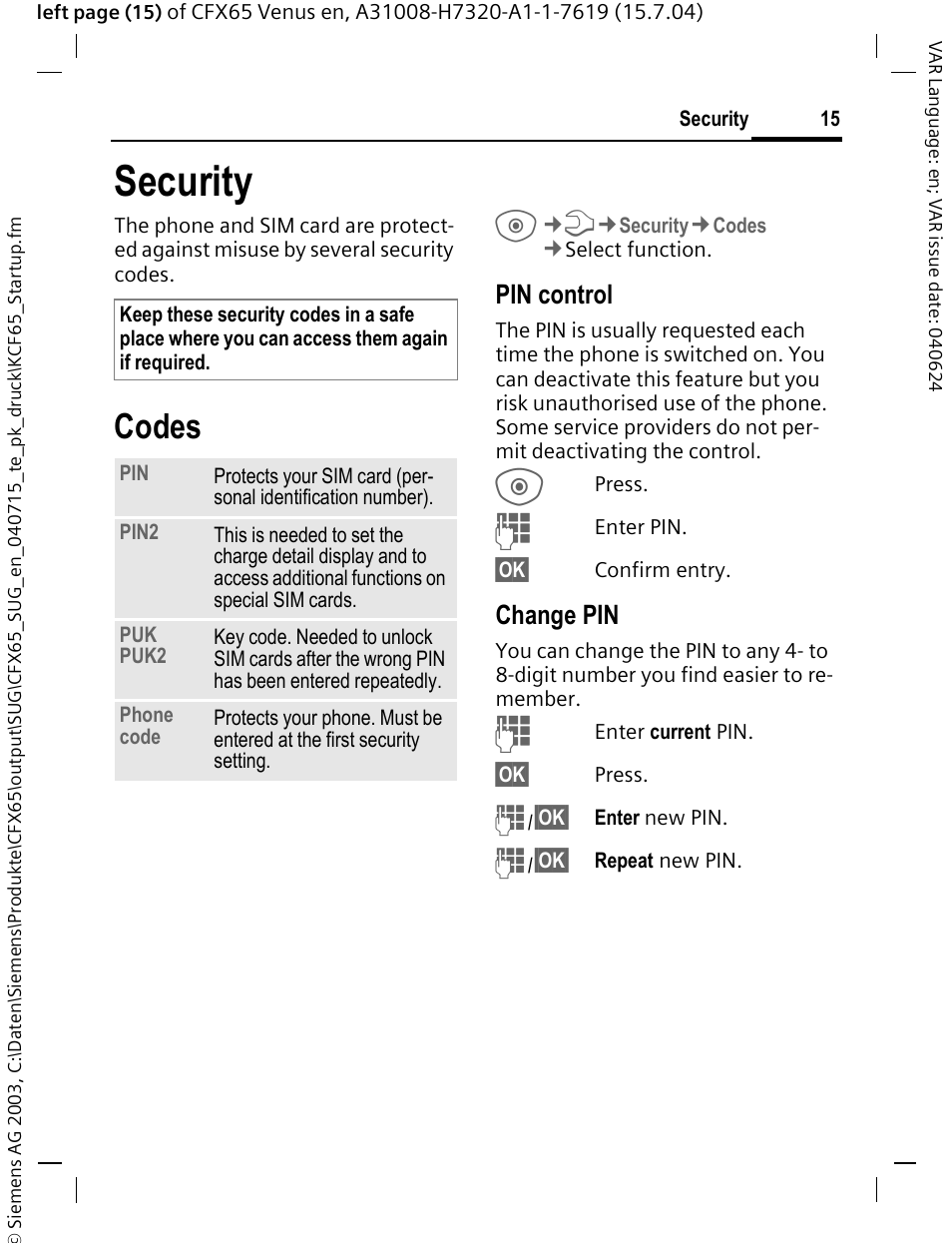 Security, Codes, Pin control | Change pin | Siemens CFX65 User Manual | Page 16 / 77