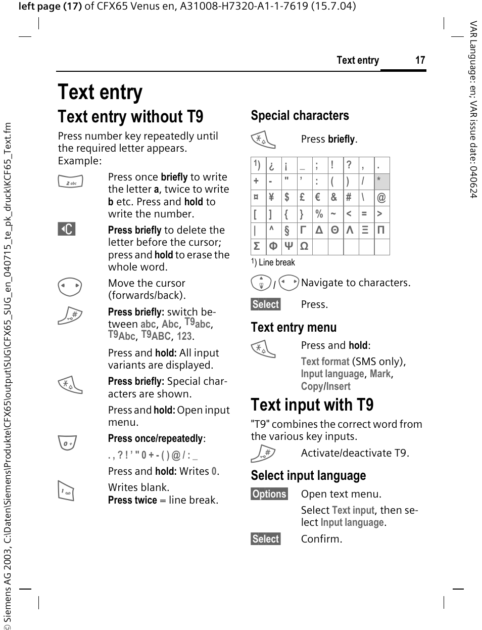 Text entry, Text entry without t9, Text input with t9 | Special characters, Text entry menu, Select input language | Siemens CFX65 User Manual | Page 18 / 77
