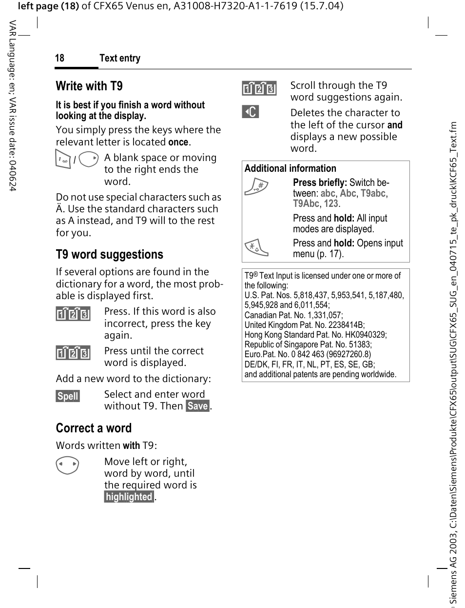 Write with t9, T9 word suggestions, Correct a word | Siemens CFX65 User Manual | Page 19 / 77